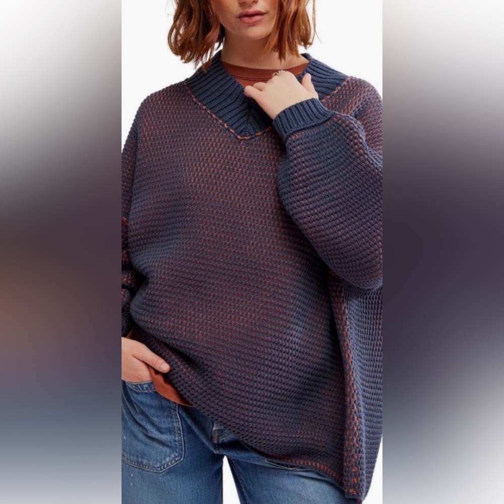 Free People Blue and Rust V-Neck Waffle Knit Sweater